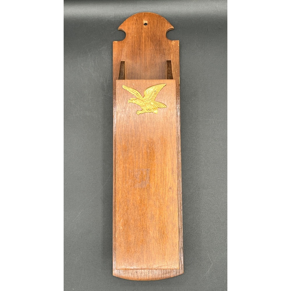 Vtg Wood Wall Hanging Long Match Stick Holder Gold Eagle Americana MCM 14.5"